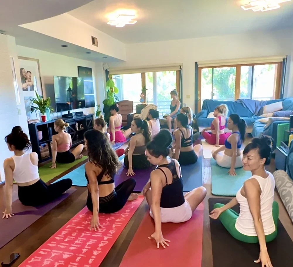 Group yoga class in seated twist pose
